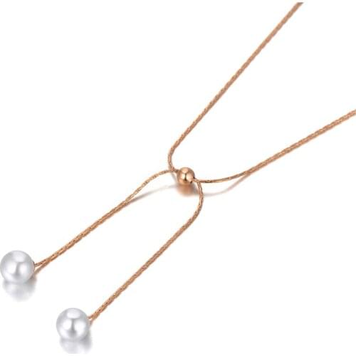 Rose Gold Double White Pearl Charm Pendant Necklaces For Women Trendy Titanium Steel Bohemia Party Necklace N20156