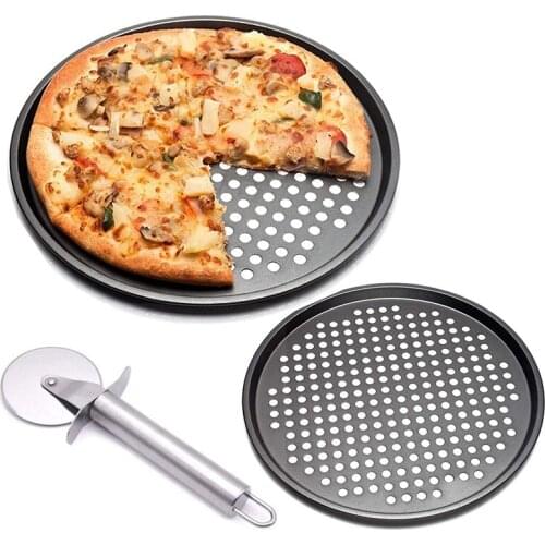 2Pcs 12 Inch Pizza Baking Pans With Holes Round Crispy Crust Pizza Baking Tray Non-Stick Bakeware Set With Pizza Cutter