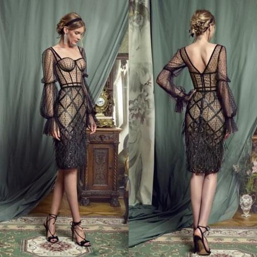 2020 Mother of the Bride Dresses Square Neck Lace Appliques Feather Evening Gowns Long Sleeves Knee-Length Wedding Guest Dress