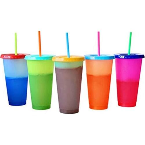 5pcs 710ML PP Temperature Magical Color Changeing Tumbler Cups In Bulk Colorful Cold Water Coffee Mug Bottles Cup With Straws
