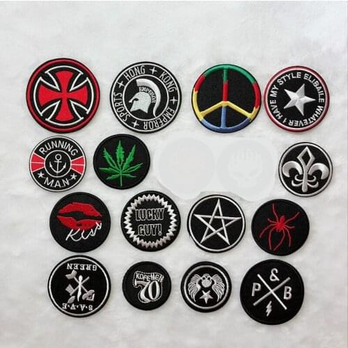 50pcs/lot Round Badge Embroidery Patch Letters Clothing Decoration Rainbow Cross Lip Spider Hemp Leaf Iron Heat Badge
