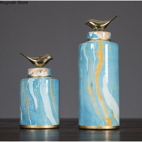 Modern Ink Pattern Bird Decoration Jar Vase Creative Ceramic Storage Jar with Lid Decoration Living Room Decoration Accessories