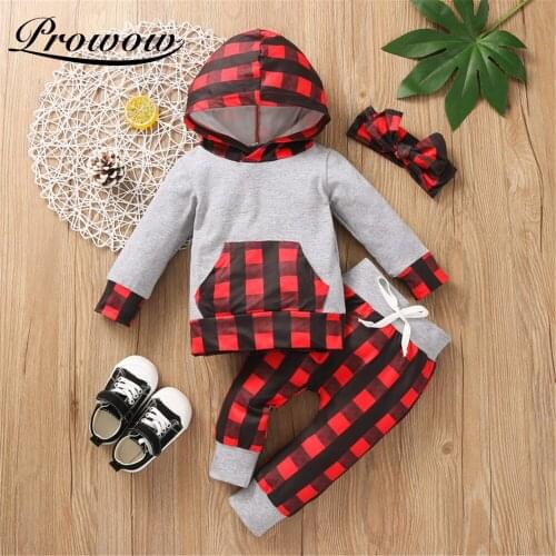 Prowow Patchwork Baby Girl Clothes Hooded Top+Plaid Pant Set Autumn Winter Kids Girls Clothing Casual Toddler Baby Girl Outwear