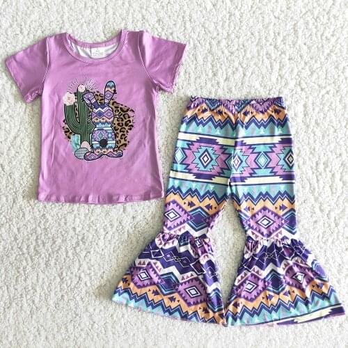 Boutique Kids Easter Day Outfit Girl Purple Top Match Bells 2Pieces Set Toddlers Rabbit And Cactus Pattern Clothing Suit