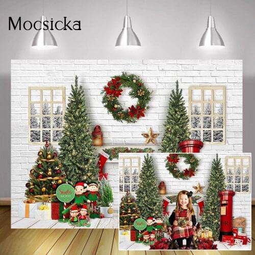 Brick Wall Christmas Birthday Portrait Backdrop Photography Winter Christmas Trees Santa Background Fireplace Window Photocall
