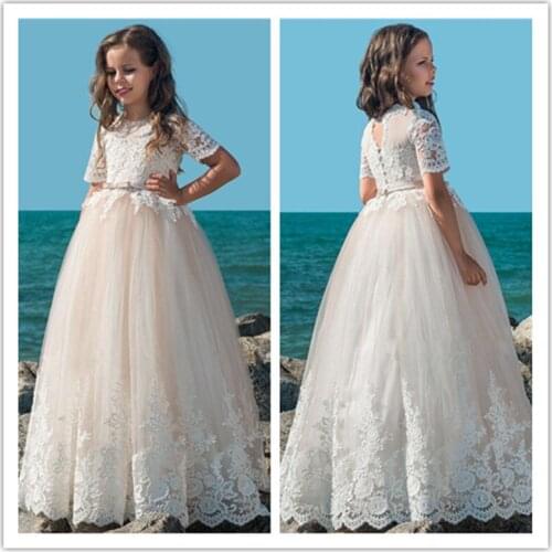 A-Line Scoop Lace Floor Length Flower Girl Dresses For Weddings Kids Prom Gowns Elegant Short Sleeves First Communion Dresses