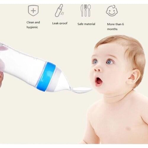 Fashion Newborn Baby Squeezing Feeding Bottle Silicone Training Rice Spoon Infant Cereal Food Supplement Feeder Safe Tableware