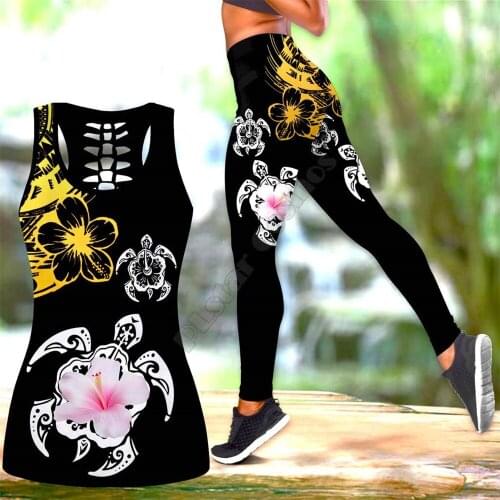 Sea turtle Polynesian 3D Printed Hollow Out Tank Legging Suit sexy Yoga Fitness Soft Legging Summer Women For Girl 08