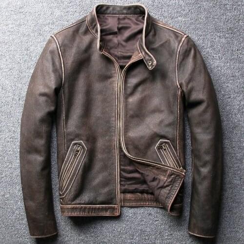 Real Leather Jacket Men 2021 Stand Collar Vintage Cow Leather Coat Mens Clothing Motorcycle Jackets Veste En Cuir Homme WPY2513