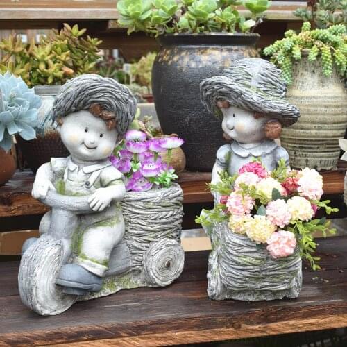 Outdoor Cement Cute Boy Girl Flower Pot Statues Ornaments Garden Courtyard Figurines Decor Home Lawn Villa Decoration Crafts Art
