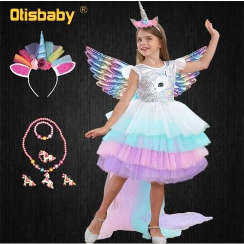 New Party Girls Unicorn Dress Rainbow Long Tail Haloween Christmas Childrens Costumes Kids Boutique Tulle Sequins Horse Clothes