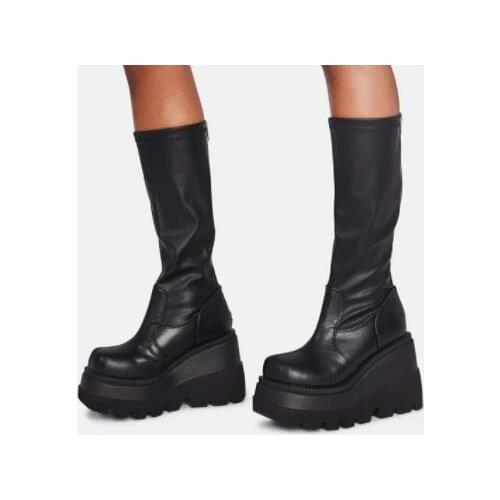 New Ladies Fashion Platform Boots Chunky Heel Wedges Mid Calf Women Boots Casual Brand Thick Bottom Winter Woman Leather Boots