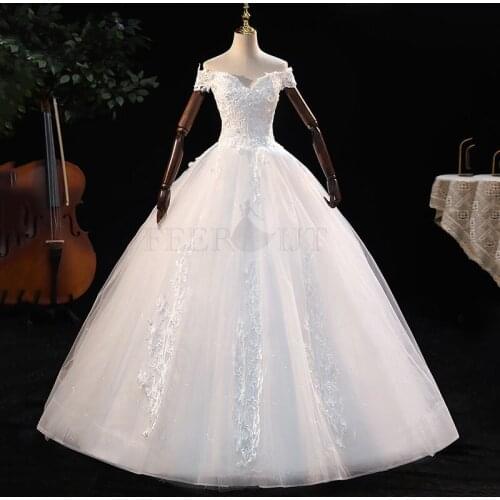 Boat Neck Short Sleeve Wedding Dress 2021 New Real Photo Lace Ball Gown Off The Shoulder Princess Luxury Vestido De Noiva