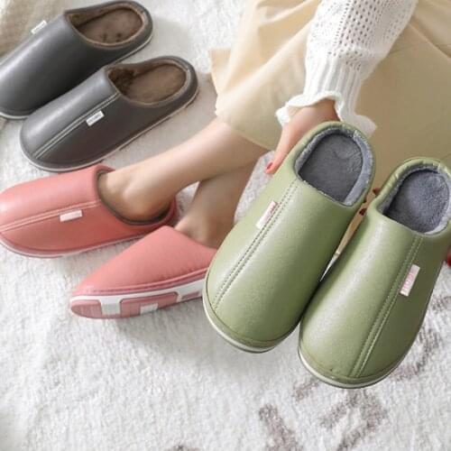 Women PU Waterproof Slippers Ladies Plush Flat Home Shoes Woman Soft Comfort Footwear Female Sewing Indoor Slipper