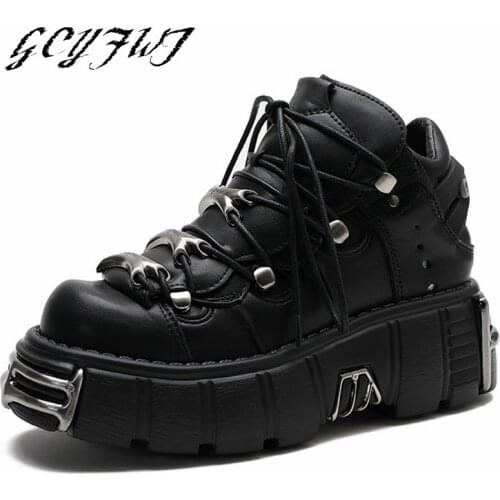 Women Sneakers Heavy Metal Flat Platform High-Top Metal Decoration Women Shoes Lace-Up Punk Gothic Thick Bottom Zapatillas Mujer