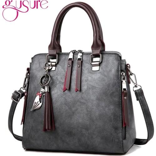 Gusure Retro PU Leather Women Messenger Bags Tote with Tassel Crossbody Shoulder Bag Hot Selling Female Boston Zipper Hand Bags