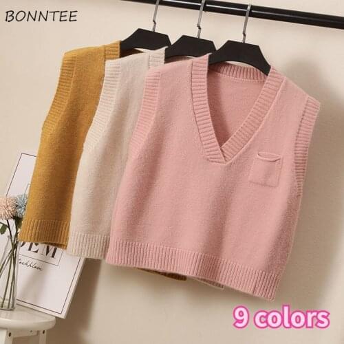Sweater Vests Women Solid Pocket V-Neck Knitted Fashion Casual Loose All-match Autumn Female Clothing Soft Korean Style Simple