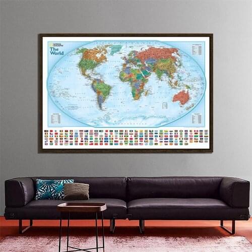 150x225cm Non-woven Physical World Map With National Flags The World Hammer Projection Map For Culture And Education
