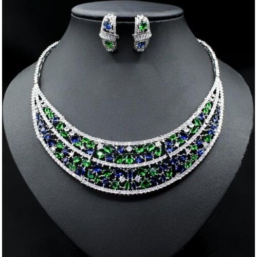 2020 New fashion retro RED GREEN CZ zircon necklace earring jewelry set wedding bridel banquet party dinner dressing jewelry