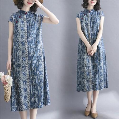 2021 chinese women qipao dress improved ancient graceful cheongsam dress vintage floral printing costume cotton and linen dress