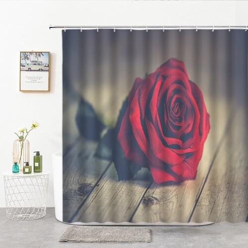 3D Red Rose On Wooden Board Shower Curtain Fabric Wall Decor With Hook Bathtub Screen Bathroom Things For Home Bath Curtains