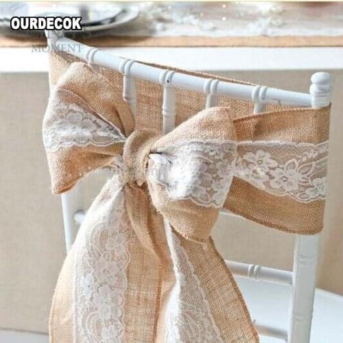 5 Pcs/lot Vintage Burlap Lace Embroidery Chair Sashes Jute Ribbon Wedding Chair Covers Wedding Party Decoration fusciacche