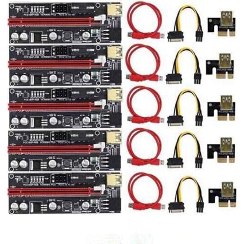 5PCS PCI-E Riser VER009S Plus GPU PCIE Card PCI E X16 to X1PCI Express Adapter Card 6Pin to SATA USB3.0 with LED Lights