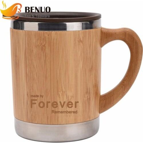 280ml Bamboo Coffee Mug With Lid Handle Natural Wooden Insulated Coffee Cup Unqiue Gift for Men Women can be Engraved logo