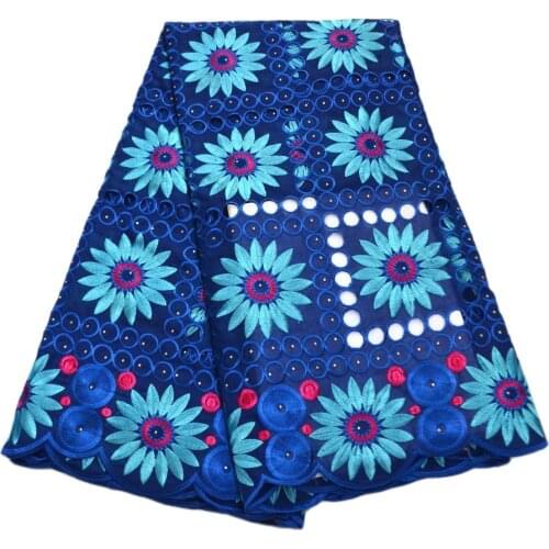 Free Shipping blue hand cut DIY high quality African wedding lace Fabric 5 Yards embroidered Cotton Swiss Voile Lace-N88153
