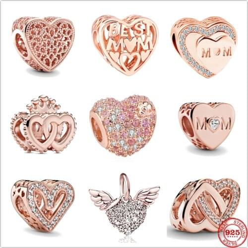 925 Sterling Silver Rose Gold Bead Mom Sparkling Freehand Heart Beads Charm Fit Original Pandora Bracelet DIY Jewelry For Women
