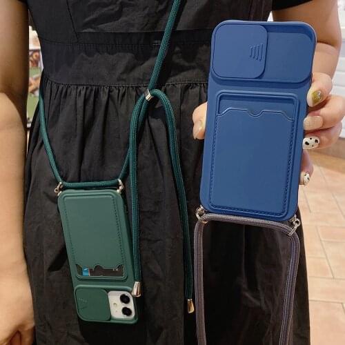 Liquid Card Slot Wallet Phone Case Cover for iPhone 12 11 Pro Max XS X XR 7 8 Plus SE 2020 With Necklace Cord Chain Lanyard