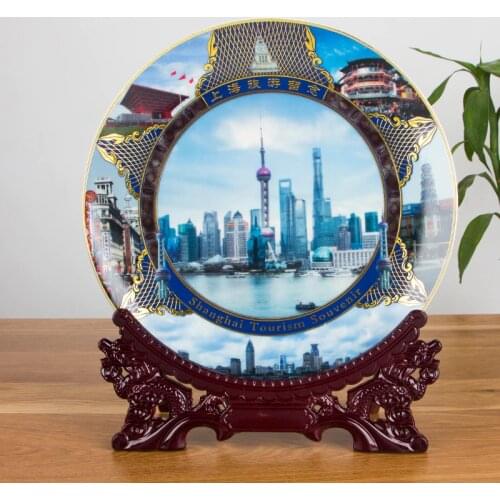 Jingdezhen Fine Porcelain City Landscape Decoration Plate Wooden Base Set Wedding Gifts