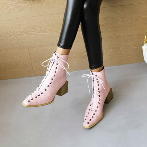 Ladies Snake Pattern Short Boots Cross Tied Four Seasons Womens Shoes Fashion Square High Heel Stone Pattern Plus Size Boots