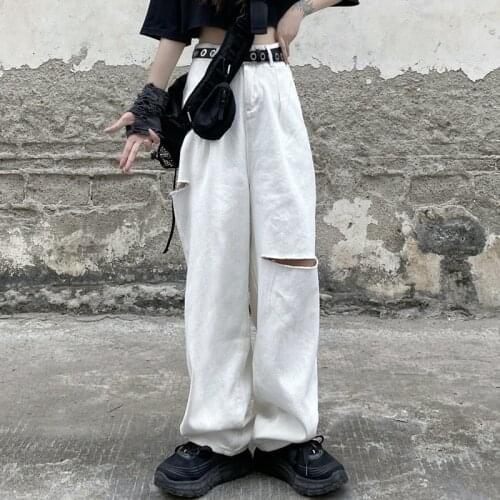 2021 New Ripped Jeans Summer Vintage Straight Baggy High Waist Streetwear Pants Femme Wide Leg Jeans White Mom Denim Trouser