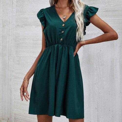 Summer Mini Dresses For Women 2021 Womens Sexy V-neck Button Solid Suspender Sleeveless Beach Dress Vestidos De Mujer Casual