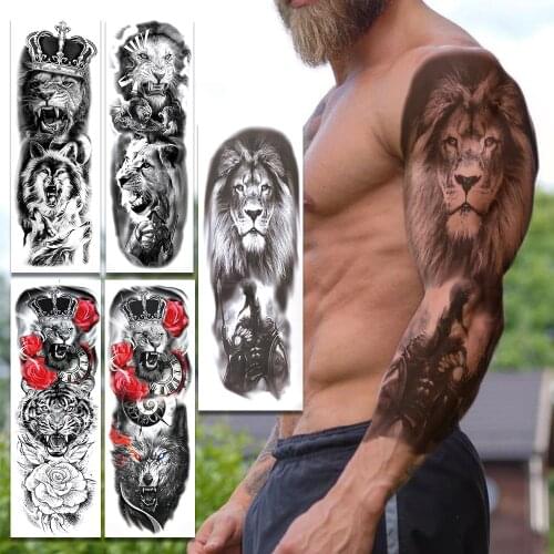 Lion King Gladiator Temporary Tattoos Sleeves For Men Women Adult Fake Tiger Coyote Realistic Rose Tattoo Full Arm Tatto Sticker