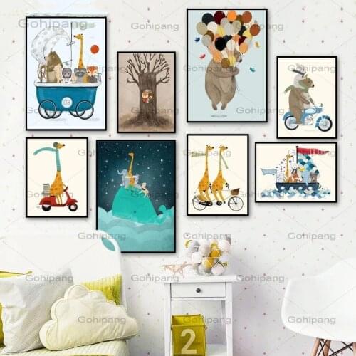 Cute Canvas Painting Bear Fox Giraffe Raccoon Tree Cartoon Animals Wall Art Canvas Painting Posters Prints Wall Art Decoration