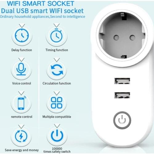 Mini EU Wifi Plug with Surge Protector 100-240V Voice Control Plug Smart WiFi Socket EU Plug Double USB Port Wireless Smart Plug