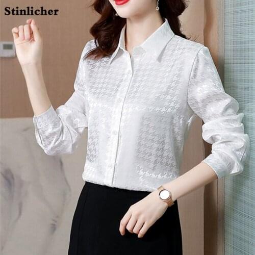 Fashion Party Houndstooth Satin Silk Shirt Womens Plaid Blouse Elegant Office Ladies Work Shirt Spring Autumn Long Sleeve Tops