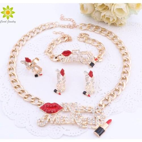 Bridal Jewelry Sets Red Sexy Lip And Enameled Lipstick Kiss Make Up Women Gold Color Necklace Earring Bracelet Ring Set
