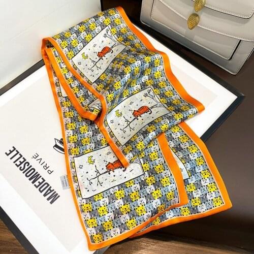 OMEA Cartoon Cute Cat 100% Real Silk Twill Scarf Spring Double Layer Narrow Orange Kerchief Fashion Luxury Hair Scarf Decorate