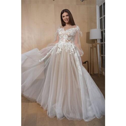 V-neck Wedding Dress Plus Size Lace Applique Nude Long Sleeves Custom Made 26W Bridal Gowns Vestidos de Novia A-Line Sweep Train