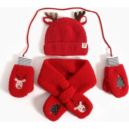 Cute Christmas Deer Red Baby Hat Scarf and Gloves Autumn Winter Kids Wool Cap Fashion Girls Hats Babies Accessories 2-8 Years