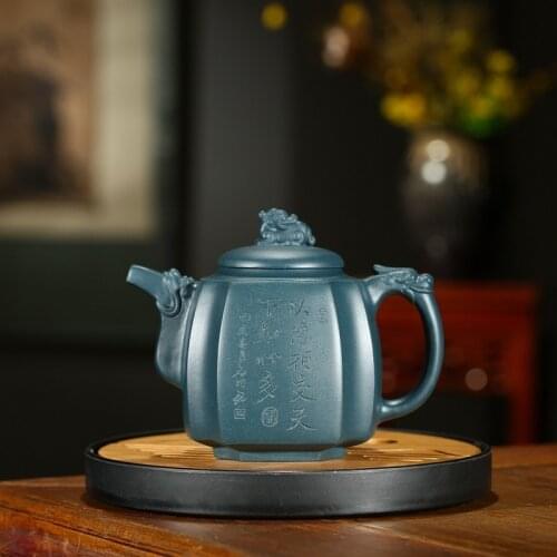 Yixing pure manual recommended undressed ore azure mud ChuJianFei sifang dragon great product paint pot of double