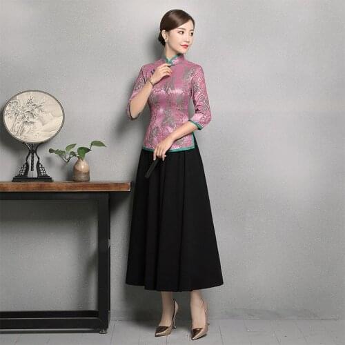 Blouse Women Classic Vintage pink Clothing Traditional Tang Top Clothes Chinese Female Mandarin Collar Shirt blusas mujer