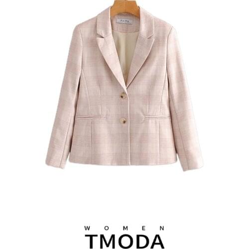 TMODA573 Za 2021 Women Casual Plaid Slim Pink Blazer Female Summer Long Sleeve Single Breasted Office Lady Fashion Outwear