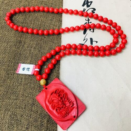 Zheru natural cinnabar carved red devil head pendant with multi-color bead necklace exquisite men and women sweater chain