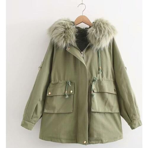 Winter Army Big Pocket Jacket Women European Womens Waist Drawstring Big Fur Collar Down Parka Women Long Cotton Coat
