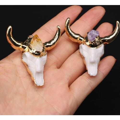 Acrylic Bull Head Pendant Citrines Amethysts Pendants Charms for Necklace Earring Jewelry Making Women Gift Size 47x47mm