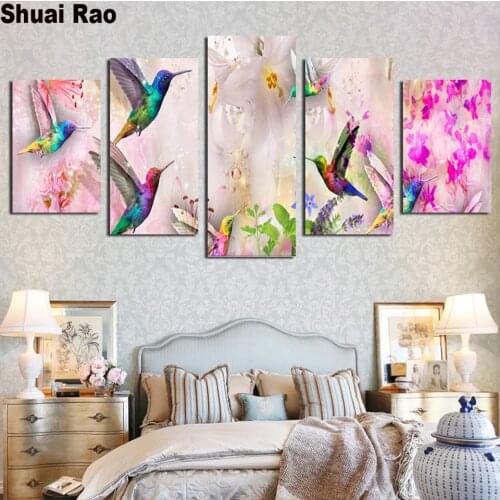 Multi-Picture Hummingbird Flower Diamond Painting Cross Stitch,Mosaic Diamond Embroidery Sale Five-Piece Living Room Wall Art